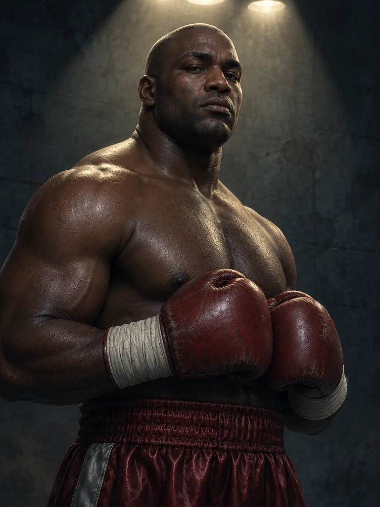 Ansel Brooke, heavyweight berkulit gelap dan berkepala plontos, bekas luka membelah alis kirinya, sarung tangan merah tua di depan dada.